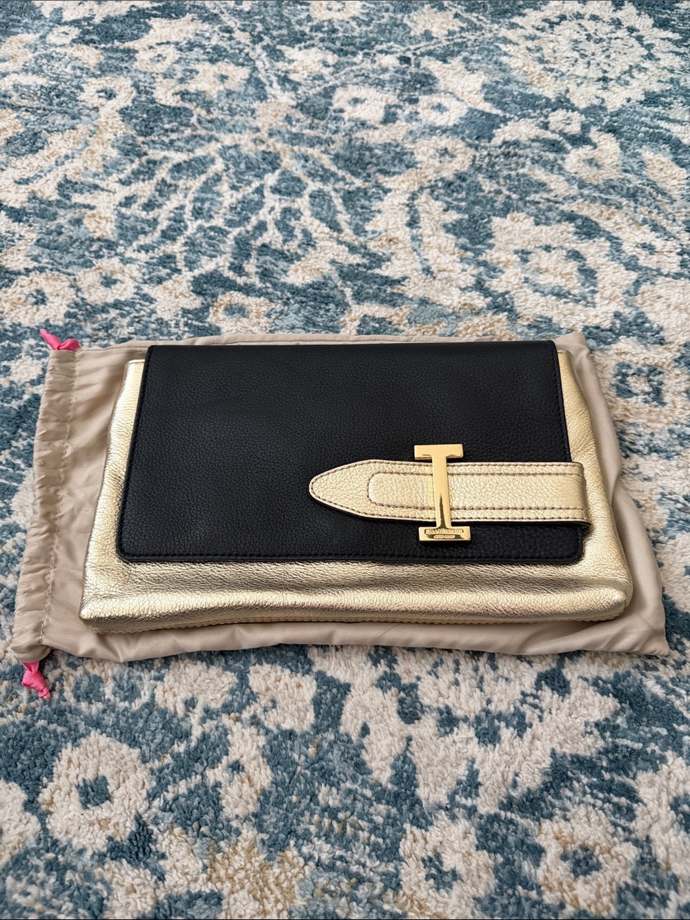 Isaac Mizrahi Black and Gold Leather Foldover Clutch